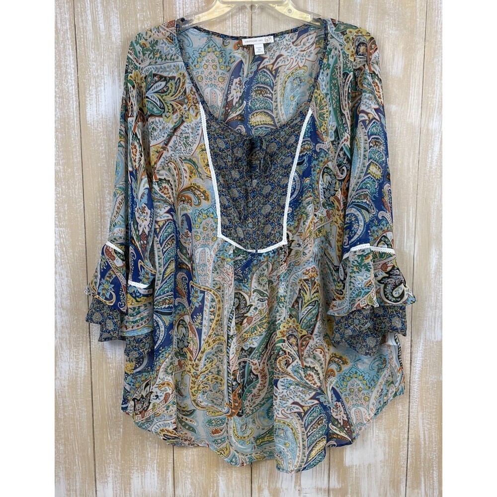 Westport 1962 Women's Blouse L Multi Paisley 3/4 Sleeve Floral Sheer Cottagecore